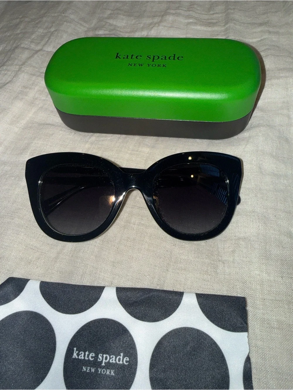 kate spade Black Cat-Eye Sunglasses with Green Case and Polka Dot Cloth